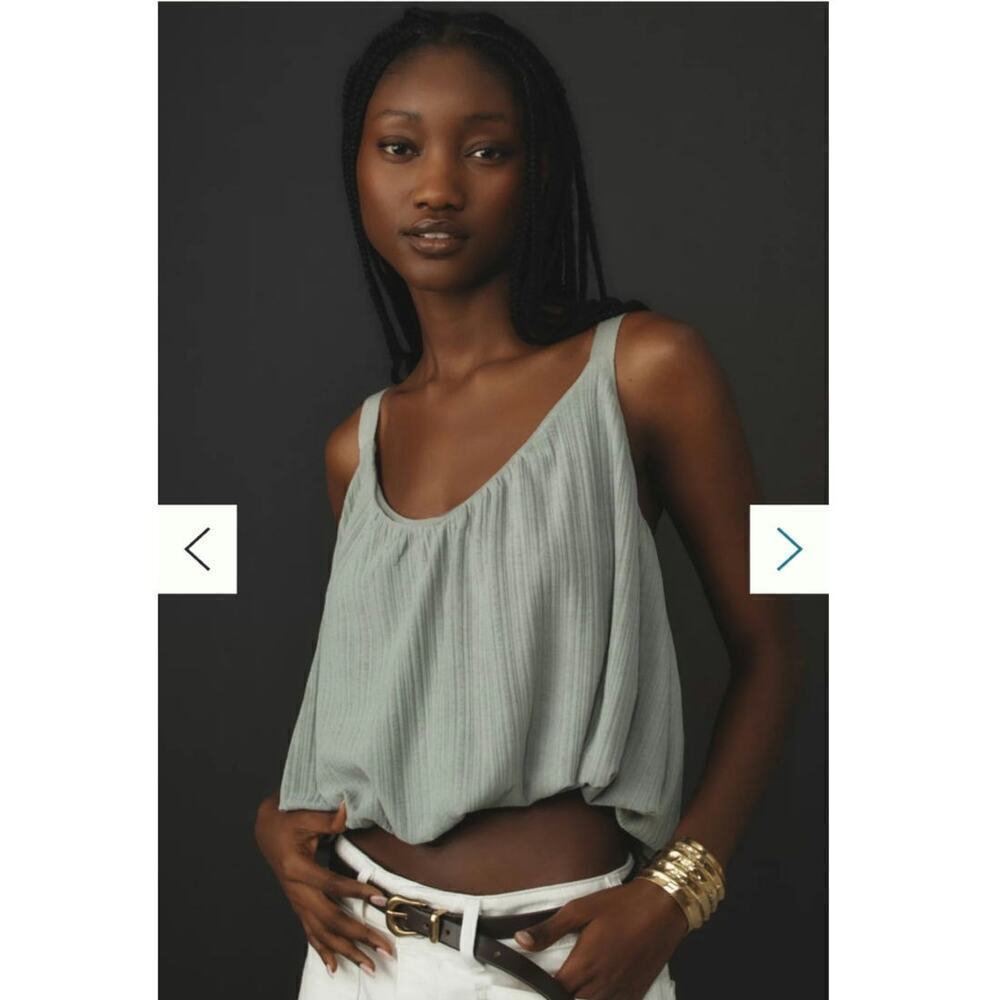 Anthropologie Sheer Ribbed Buckle Bubble Tank Green Size Medium Large NWT Crop - Picture 4 of 13